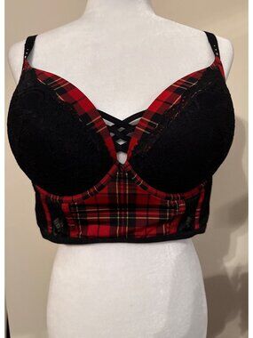 Torrid XO Plunge Push-Up Bra Noelle Plaid Lace Red Plus 40DD Whimsigoth NWOT